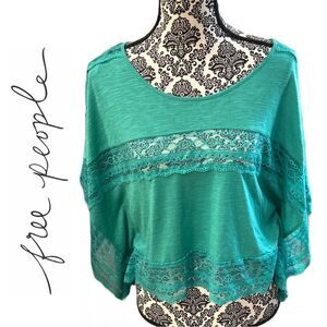 Free People Women’s Green Lace Trim Inset Bat‎ Wing Sleeve Top - Size XS